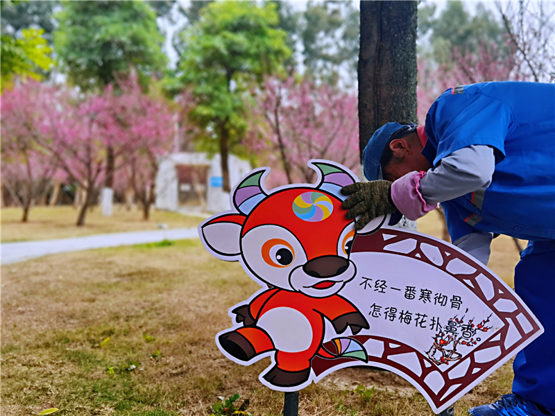 公园工作人员正在固定咏梅诗词立牌 福州市儿童公园供图.jpg