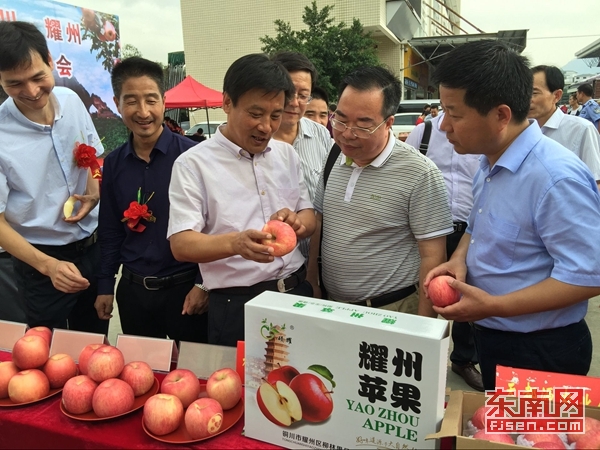 陕西省铜川市耀州区委书记杨宏伟向福建客商推介耀州苹果